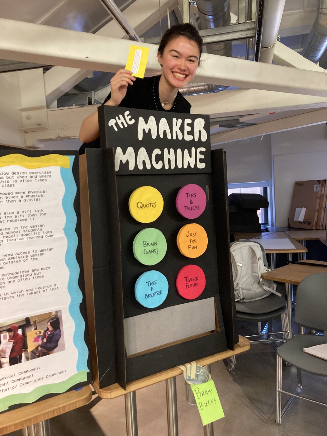 Lina inside the cardboard Maker Machine